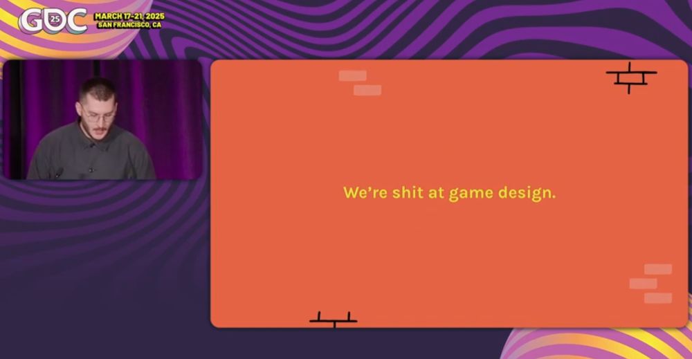 screenshot of a presentation, title card reads "we're shit at game design"