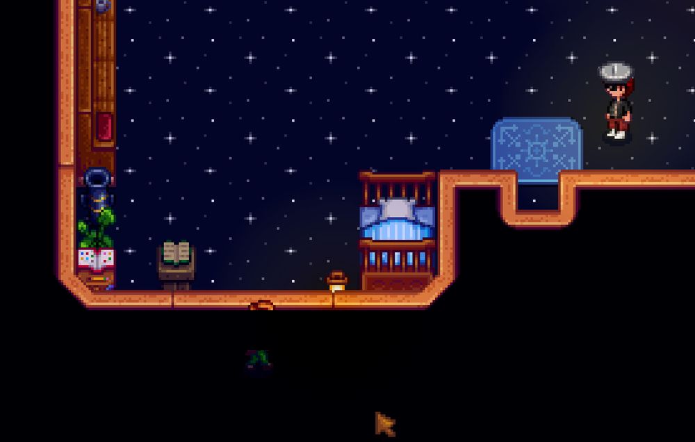 A screenshot of a Stardew Valley glitch, where Elliott is walking through walls into the void. [3/4]