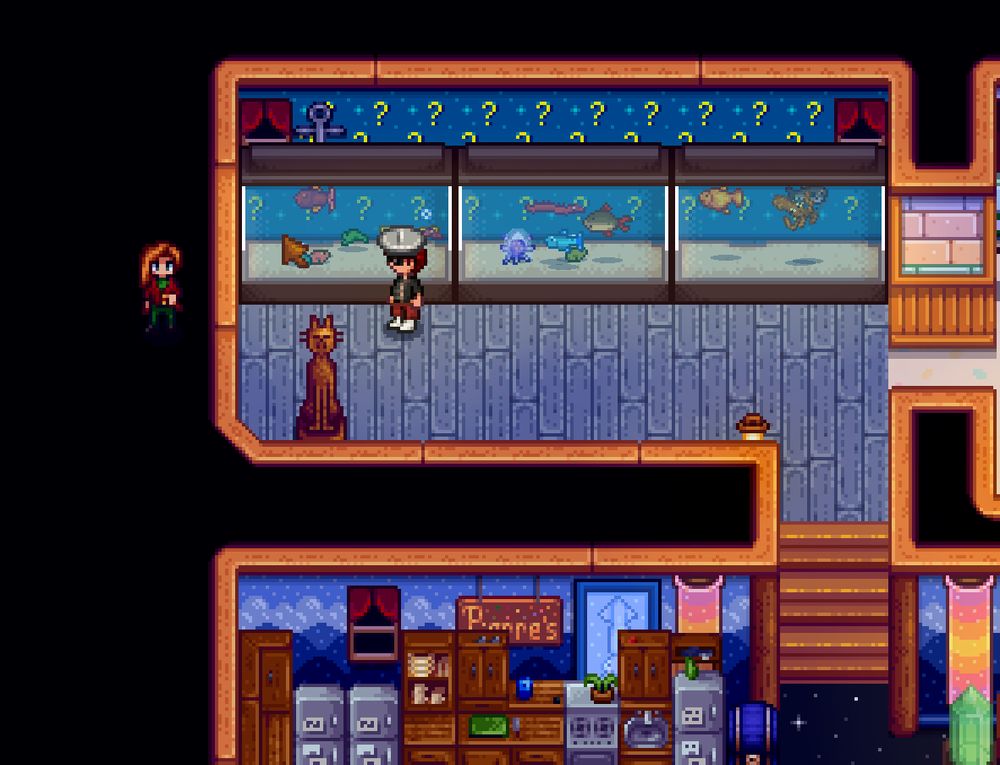 A screenshot of a Stardew Valley glitch, where Elliott is walking through walls into the void. [2/4]