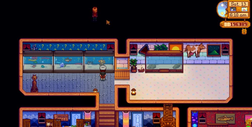 A screenshot of a Stardew Valley glitch, where Elliott is walking through walls into the void. [1/4]