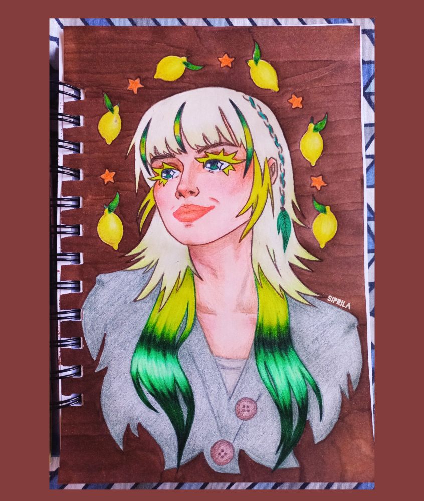 Drawing of hayley williams with yellow and green hair, surrounded by lemons 