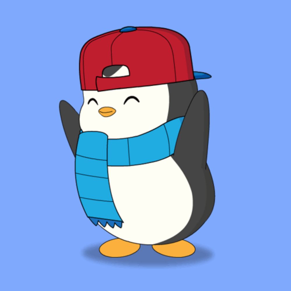 a cartoon penguin wearing a red hat and a blue scarf