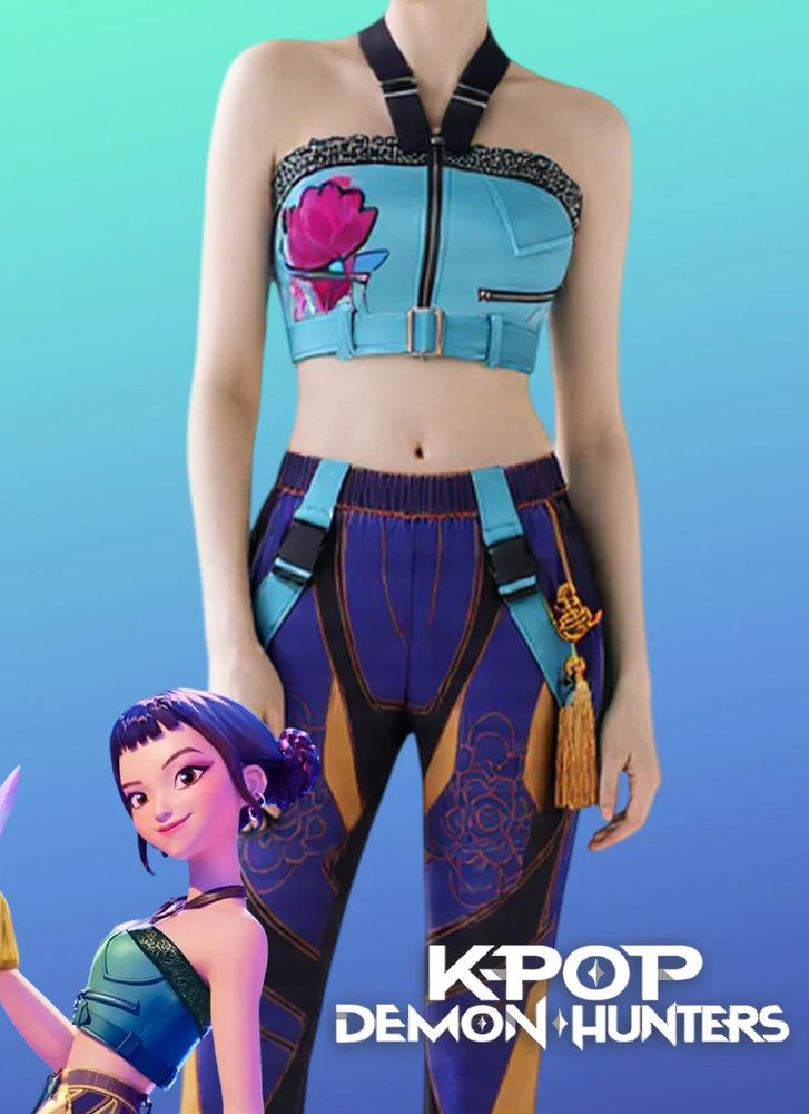 A cosplay version of the outfit for the KPop Demon Hunter character Zoe, featuring a teal  top with a flower and black accents and blue and yellow pants.