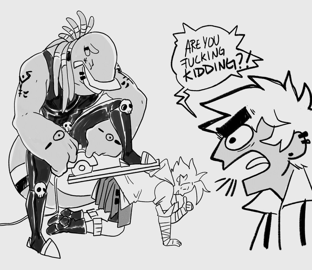 characters drawn in digital pens, one is using the others' back to saw wood