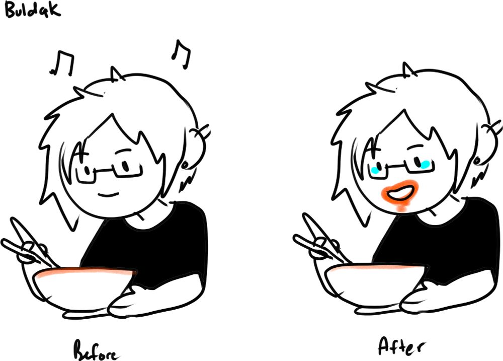 before picture i am happy about to eat ramen
After, i am paying for my spicy actions with my face covered in orange and tears