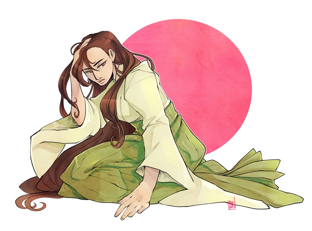 a character kneeling with a pink circle in the background, digital art