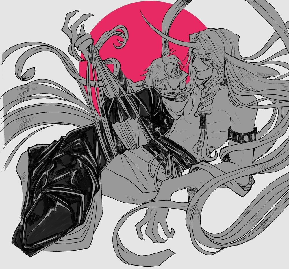 two characters drawn in digital inks, a red circle in the background