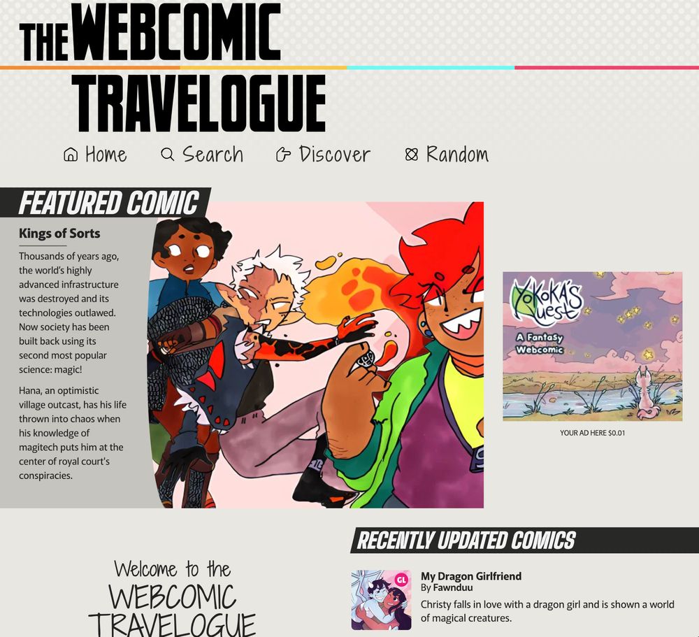 a screen shot of the website, webcomic travelogue featuring webcomic thumbnails and updated comics