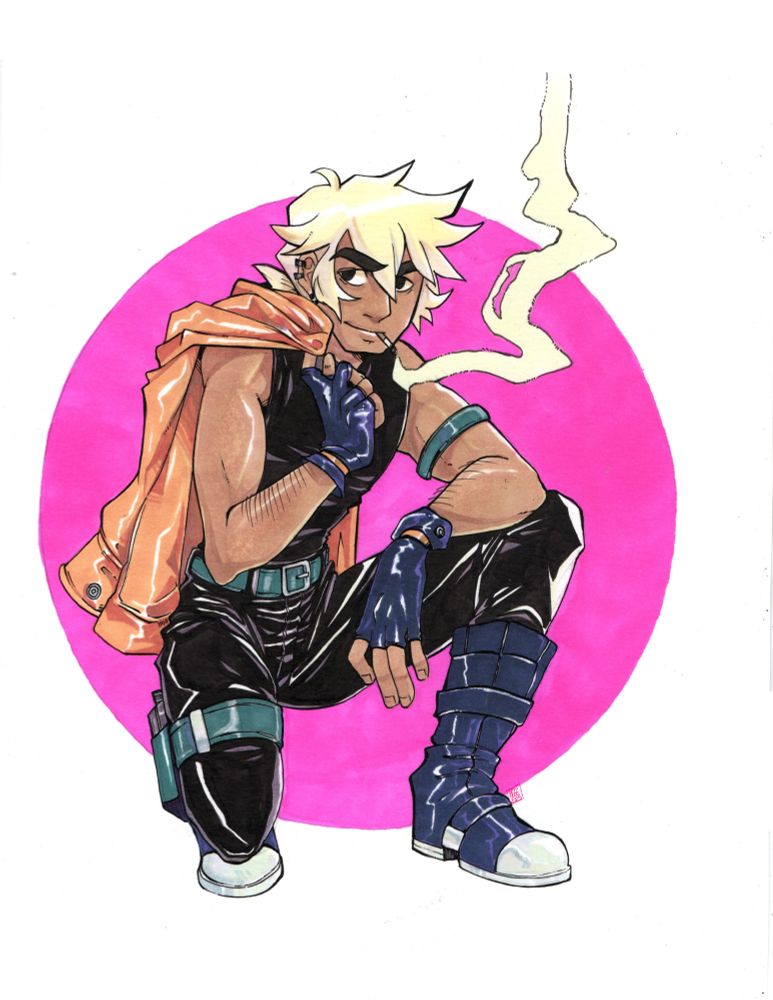 a picture of a character kneeling, pen and marker drawing