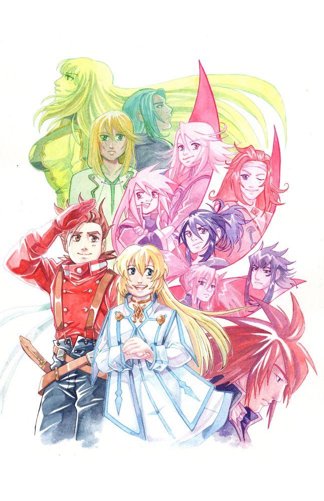 a picture of a collage of characters painted in water colours