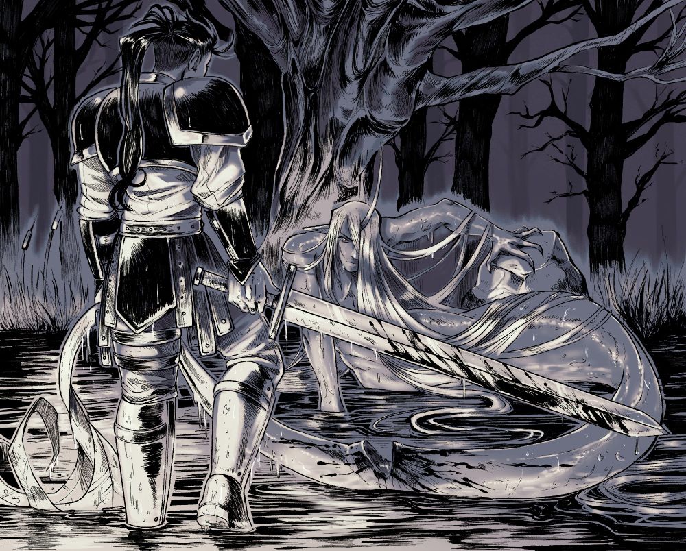 a character approaches a mermaid with a sword, grayscale and digital art