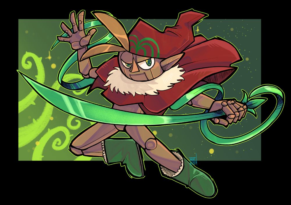 a character with a green sword on a green square background, digital art