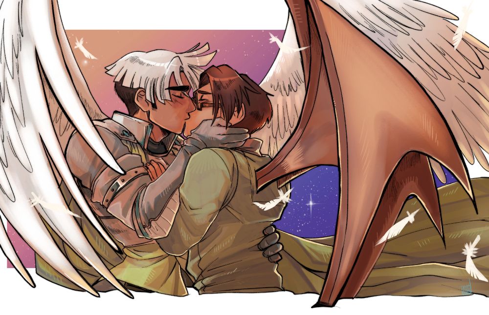 two characters kissing with wings, digital art