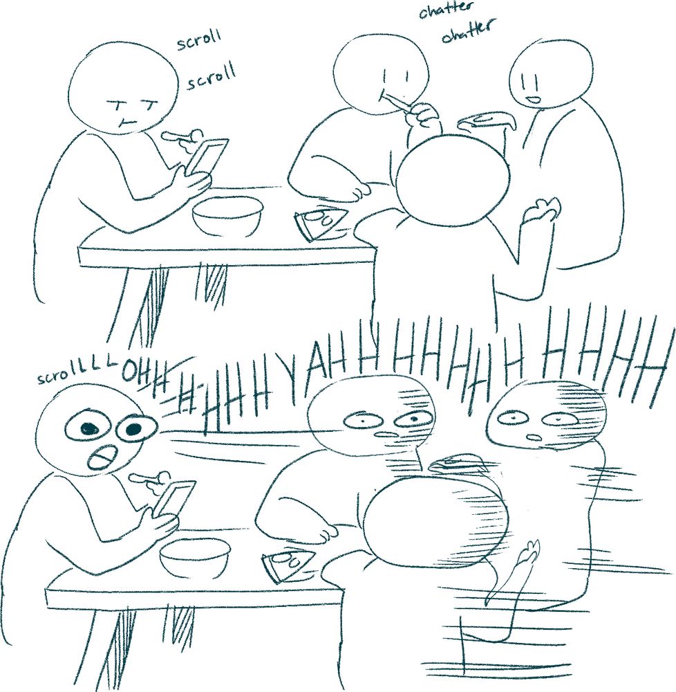 a digital sketch of someone reading on their phone then screaming about it