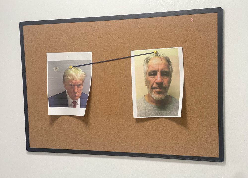 A picture of Trump connected by a thread to a picture of Epstein 