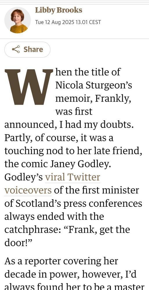 Paragraph describing the link between Nicola Sturgeon and Janey Godley's 'Frank, get the door' line at the end of her covid videos.