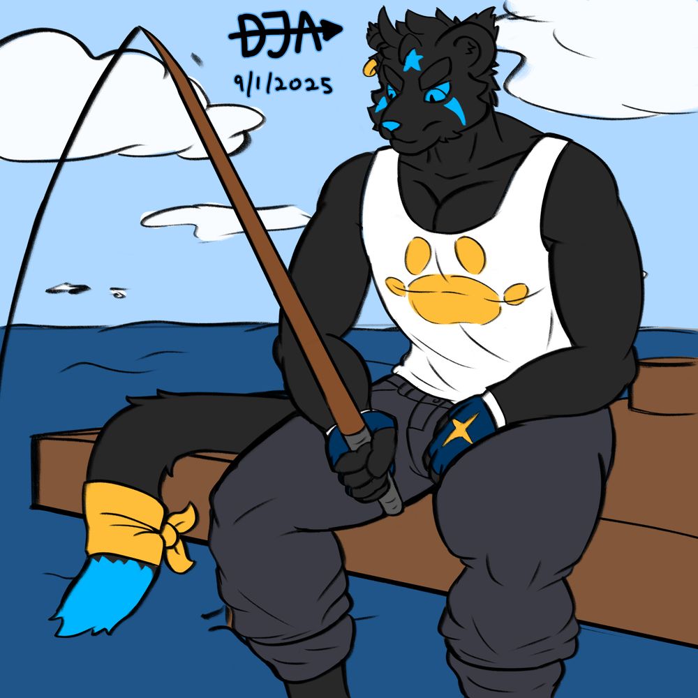 A digital sketch of a male anthropomorphic binturong with black fur and blue triangular markings on both cheeks, a blue star on his forehead, blue eyes and a blue tail tip. Wearing a white tank top with a gold paw on the front, dark grey jeans rolled up to his shins and navy blue fingerless gloves with a gold four-point star on the top and a white rim. One gold ear ring in his right ear.

He is sitting on a simply designed pier and fishing. The sky is clear with slight clouds and the sea is calm.
