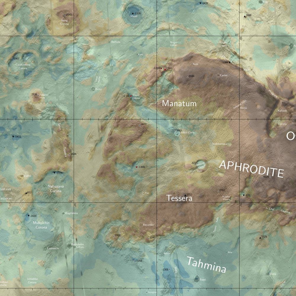 Crop from global map of Venus showing Manatum Tessera feature in the west part of Aphrodite Terra. 