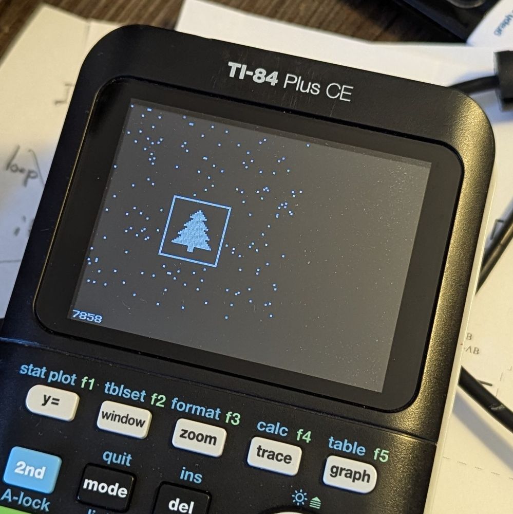 A visualization of Advent of Code 2024 Day 2 Part 2 on the TI-84 Plus CE graphing calculator. The robots from the puzzle input, each represented by a gray pixel, have arranged themselves into a Christmas tree after 7858 simulated seconds.