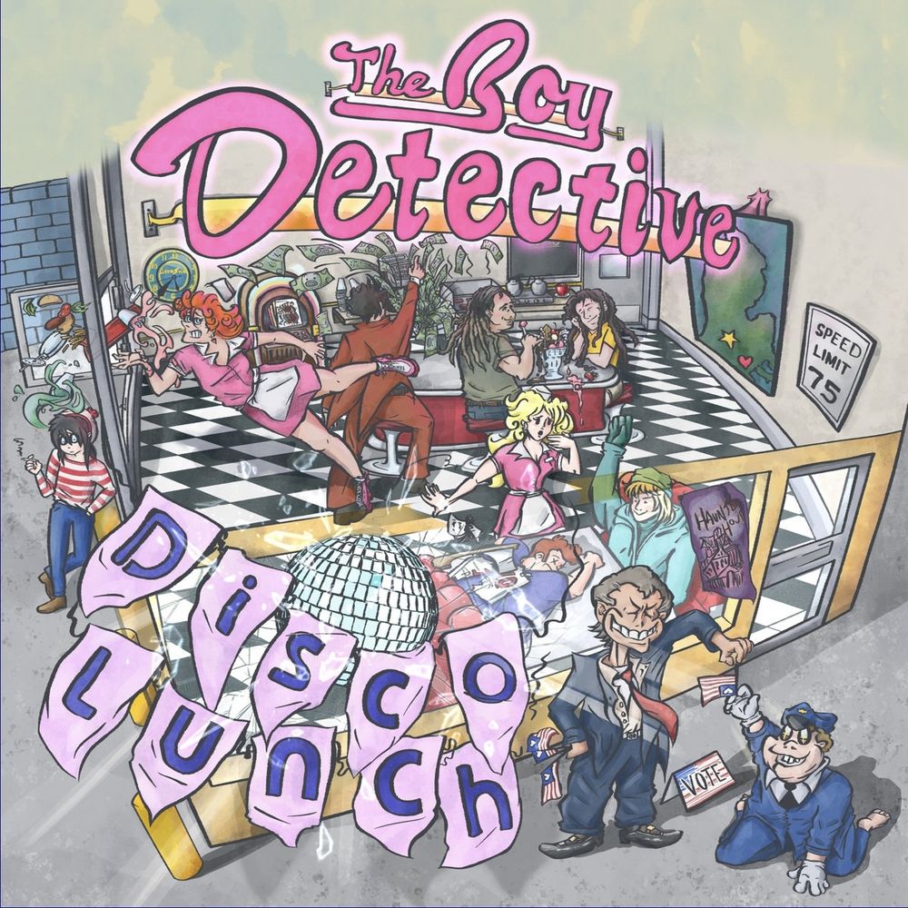 Boy detective album art for Disco Lunch features a chaotic diner scene with a cop accepting bribes from a sleepy politician and Waldo smoking a cigarette, a map of Michigan and much more