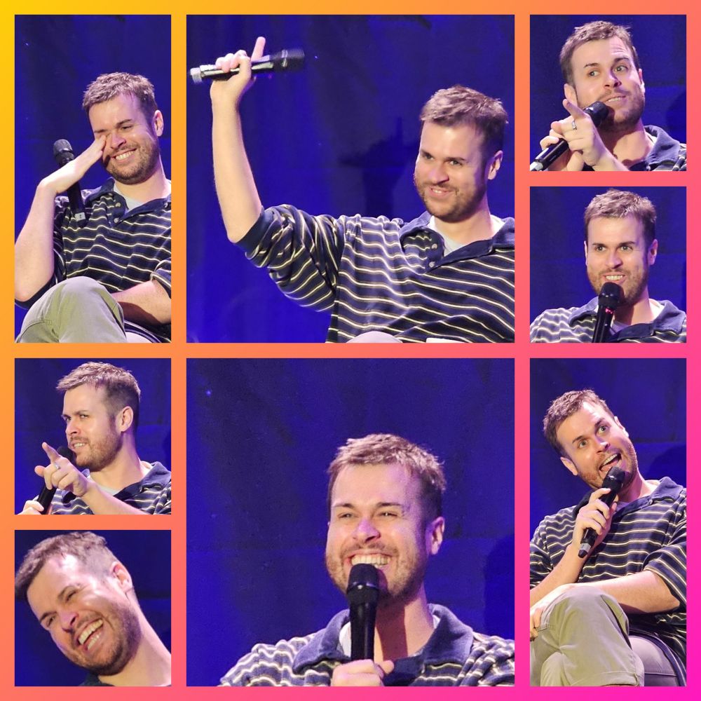 A collage of 8 pictures featuring Nathan Foad woth many funny and expressive faces during his solo panel at The New Uni-Con