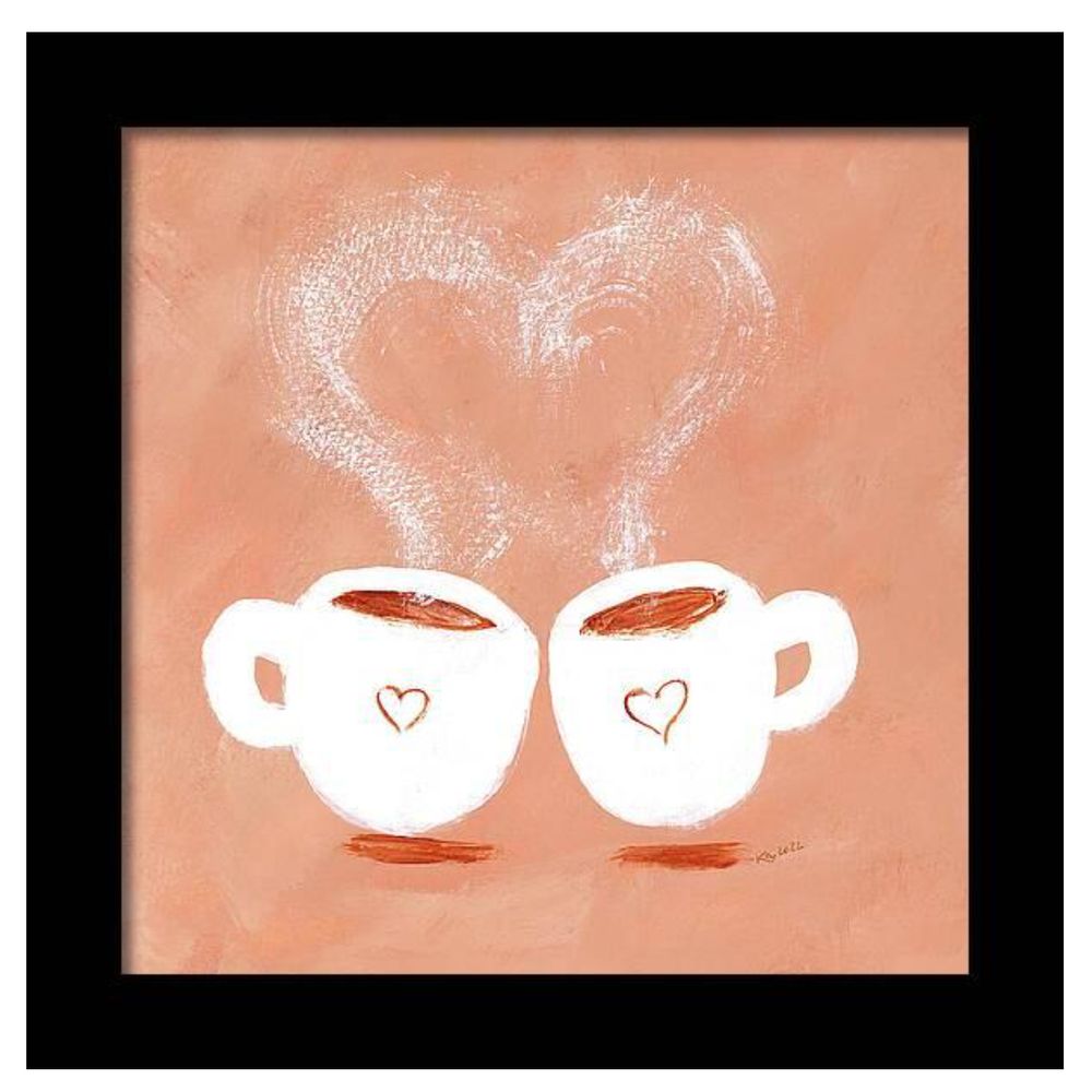 Tea for two is a whimsical acrylic painting in contemporary square format painted by artist Karen Kaspar. Two white teacups on a light redbrown background are having a lovely teatime together. The white cups are decorated with little hearts and the steam of the hot tea is forming a heart shape.
If you're a coffee addict - these cups might as well be filled with freshly brewed coffee, mocha or espresso.
Enjoy it together with a loved one.