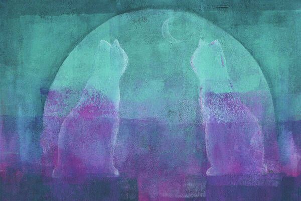 The silhouettes of two cats sit facing each other, enveloped in shades of teal and purple. They are illuminated by a glowing crescent moon. An arch stretches above them, be it the entrance to an enchanted park or the arch of a bridge.
The surroundings convey a mystical and serene atmosphere, which is further enhanced by the interplay of color and light.
Moonlight Magic is an acrylic painting in landscape format hand-painted by the artist Karen Kaspar.