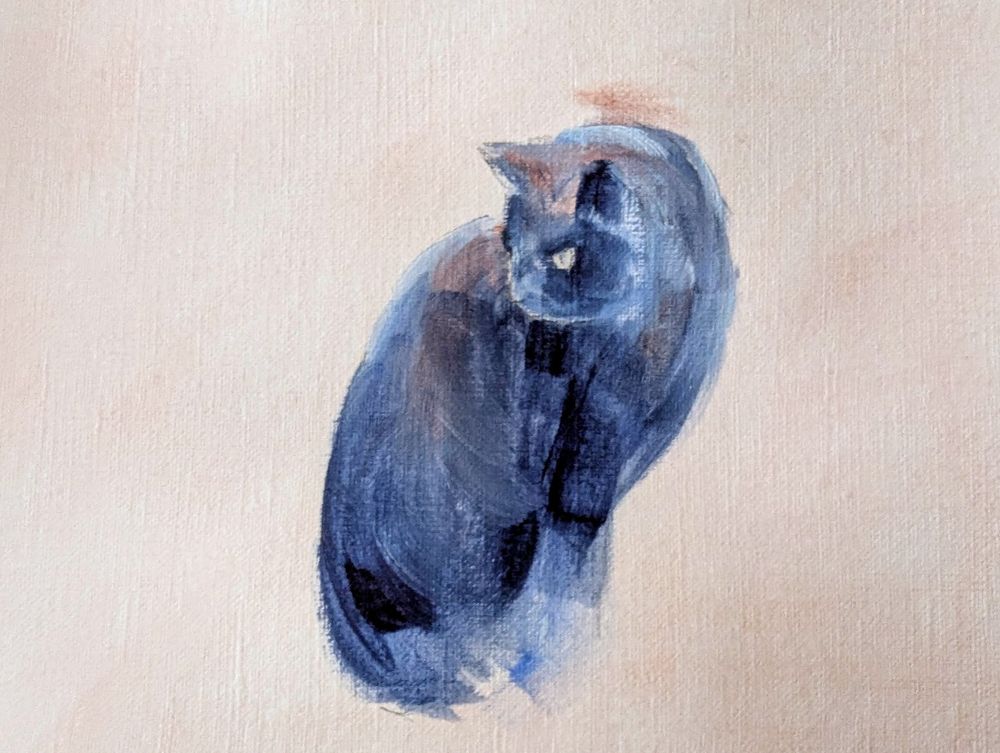 The beginning of an acrylic painting of a cat sitting and looking to the left, the first loose brushstrokes in indigo and siena, by Karen Kaspar