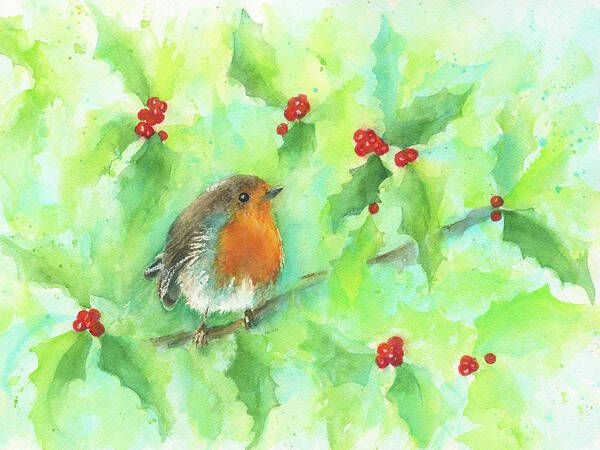 Robin in a holly bush is a watercolor painting in landscape format painted by the artist Karen Kaspar. A robin sits on a branch in a holly bush and looks to the right. It is surrounded by green leaves and red berries. The background is painted with loose brushstrokes in different shades of green, which form a strong color contrast to the red winter berries of the bush and the red-orange breast feathers of the bird. The Ilex is also called Holly or Christmas Holly. The evergreen branches with the red fruits are often used for Christmas decorations.
