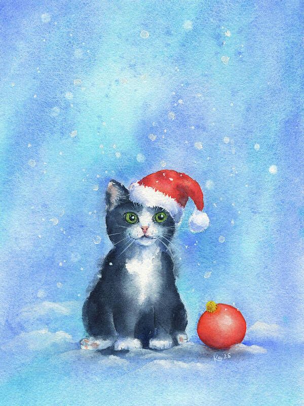 A cute black and white kitten sits in the snow wearing a red Santa hat with a white bobble. A red Christmas ornament lies next to it. The background is created in soft blue tones as an abstract winter landscape. Snowflakes trickle gently from the sky and spread a wintery atmosphere. The little Tuxedo cat with green eyes is smiling and looking forward to Christmas.
The bright red Christmas baubles and the Santa hat adds a festive touch to the scene.
Christmas kitten in the snow is a hand-painted watercolor painting in portrait format by artist Karen Kaspar.