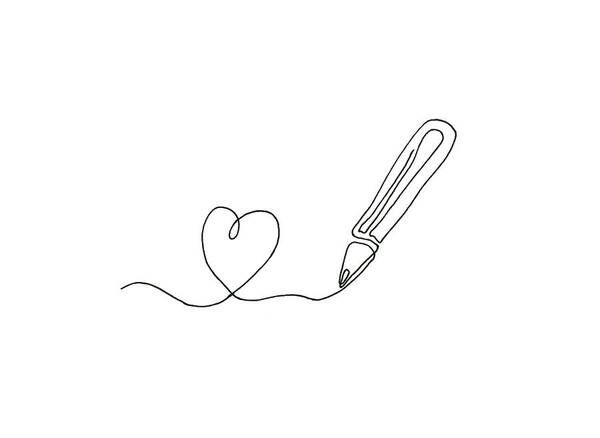 Drop me a line is a one continuous line ink drawing in black and white by artist Karen Kaspar. A pencil is drawing a heart, a lovely message for a loved one.