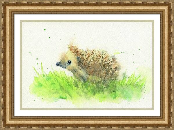 Curious little hedgehog in the meadow is a watercolour painting in landscape format hand-painted by the artist Karen Kaspar.
A cute little hedgehog is sitting in a meadow between lush green blades of grass. He looks curiously to the left and seems to be smiling in a friendly manner. The picture is painted in a fresh style with loose brushstrokes and splashes of colour. The picture radiates a calm and peaceful mood. It is ideal for decorating a child's room and for all animal and nature lovers.