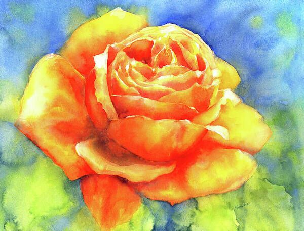 Perfume of a Rose is a watercolor painting in landscape format painted by artist Karen Kaspar. A beautiful Rose blossom in vibrant shades of orange, peach and yellow with green leaves is painted on an abstracted background in shades of blue.