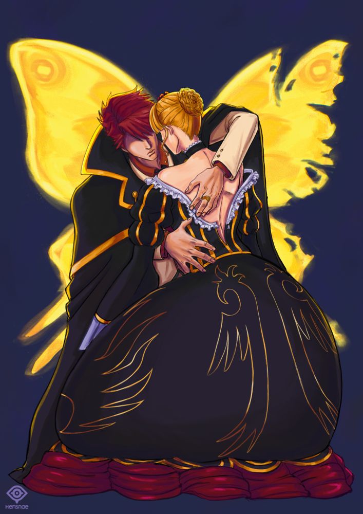 Illustration of Battler and Beatrice, main characters from Umineko no Naku Koro ni. Both of them are on their knees, Battler is hugging Beatrice, whose back is more visible due to having undone the back of her dress. Behind them, a butterfly with a broken right wing can be seen.