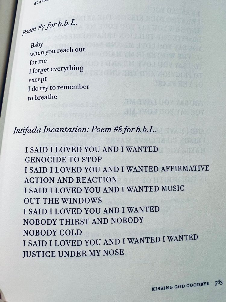 Intifada Incantation: Poem #8 for b.b.L.

I SAID I LOVED YOU AND I WANTED 
GENOCIDE TO STOP
I SAID I LOVED YOU AND I WANTED AFFIRMATIVE 
ACTION AND REACTION
I SAID I LOVED YOU AND I WANTED MUSIC 
OUT THE WINDOWS
I SAID I LOVED YOU AND I WANTED 
NOBODY THIRST AND NOBODY
NOBODY COLD
I SAID I LOVED YOU AND I WANTED I WANTED JUSTICE UNDER MY NOSE