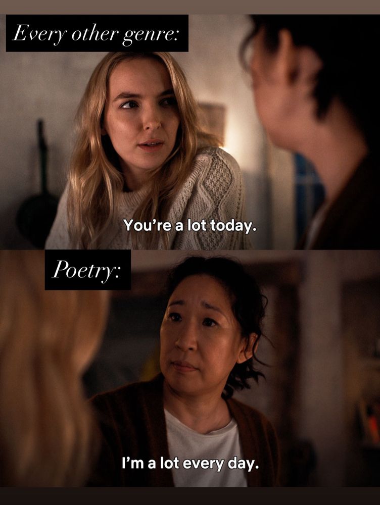 Killing Eve poetry meme

Villanelle / (Every other genre): “You’re a lot today.”

Eve / (Poetry): “I’m a lot every day.”