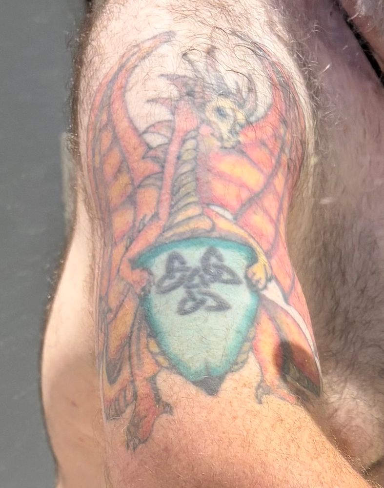 A medieval style dragon tattooed on an arm. The dragon is red and gold, baring a green shield with a black triskelion emblazoned on it. The triskelion was my first tattoo. 