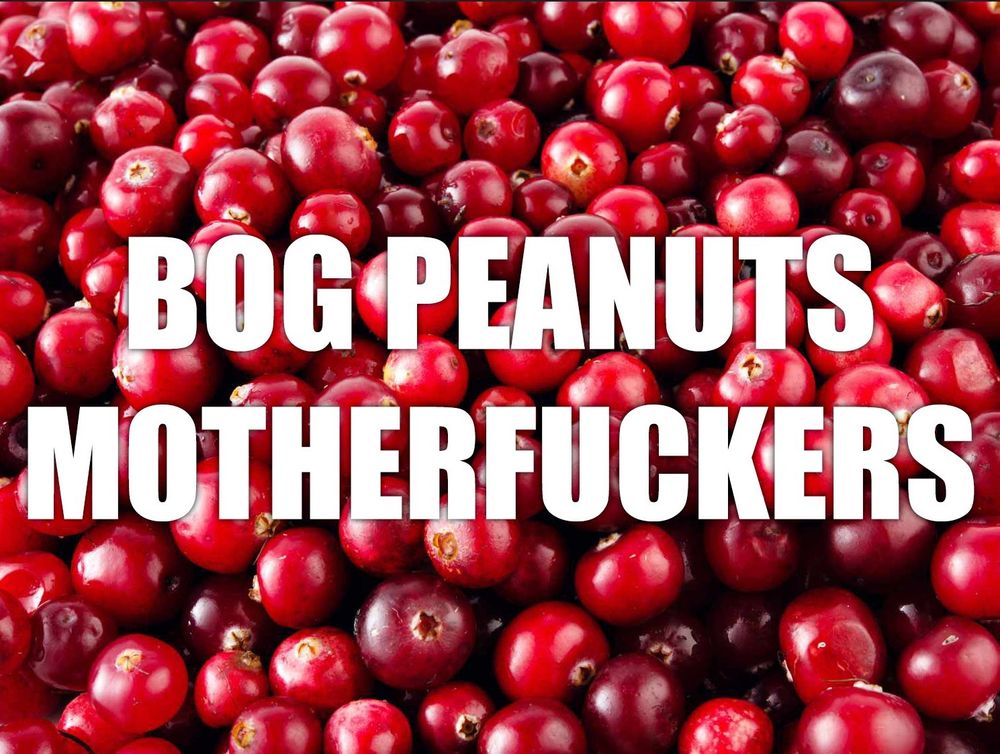 A picture of cranberries with the words "Bog Peanuts, Motherfuckers"