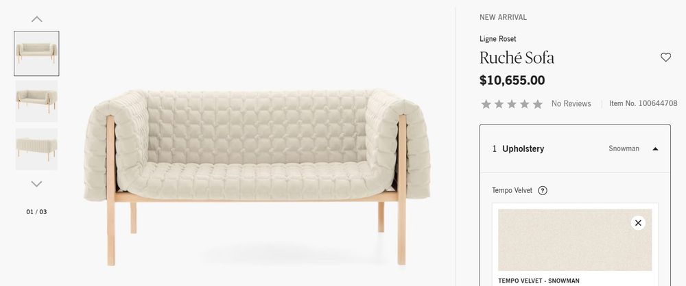 A "ruche sofa" which looks like someone draped eggshell packaging over some sticks, going for $10,655 dollars