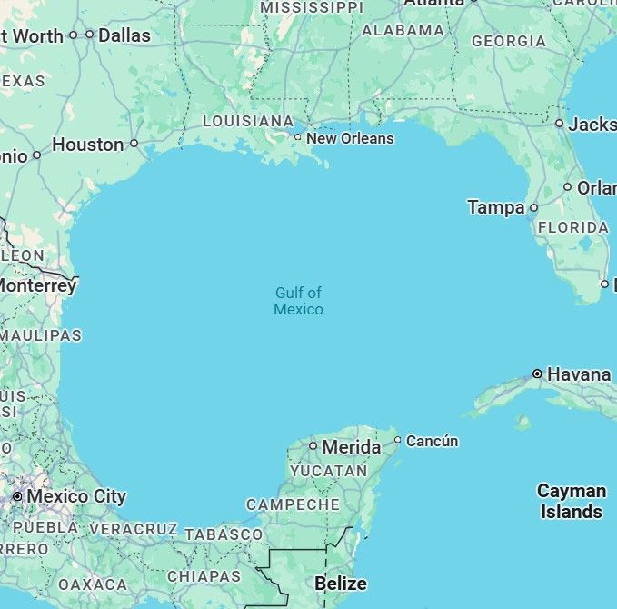 The Gulf of Mexico on Google Maps, correctly identified as The Gulf of Mexico and absolutely nothing else