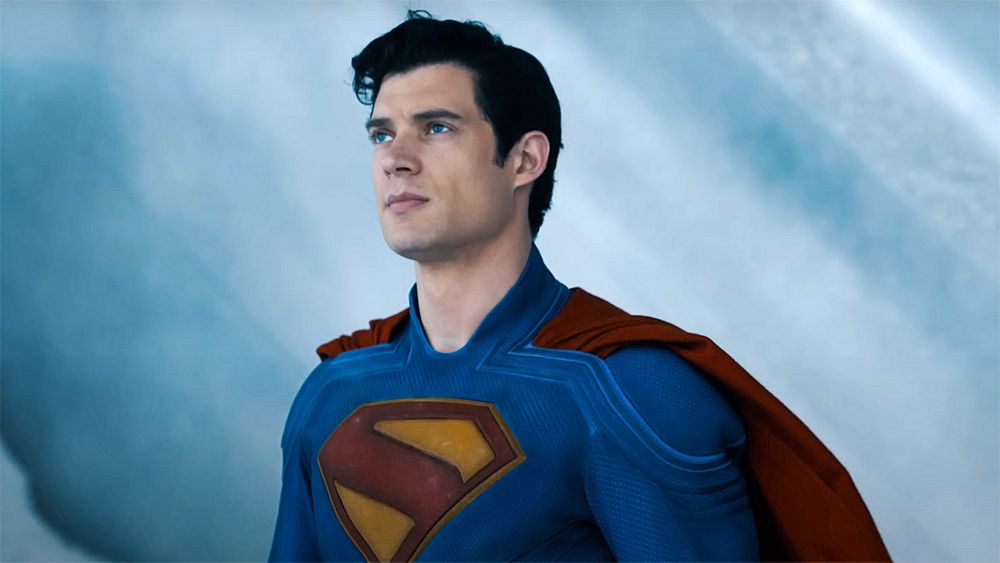David Corenswet as Superman, looking out toward the horizon. 