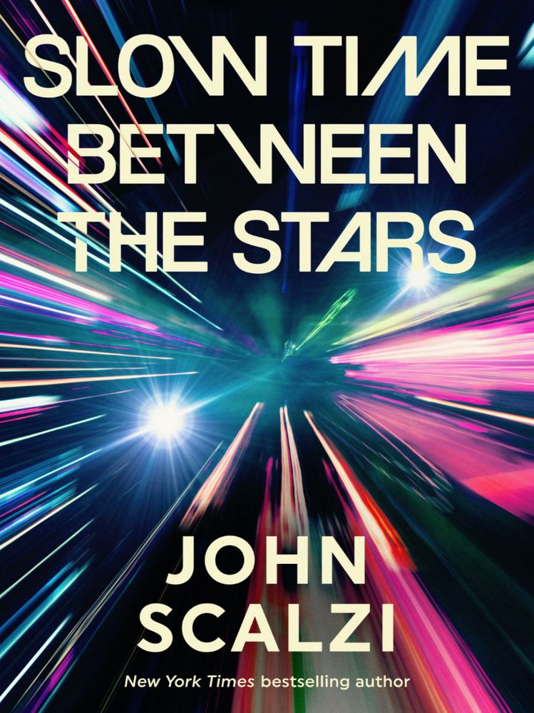 The cover for my short story "Slow Time Between the Stars" with angular text and warp-speed-like light streaks