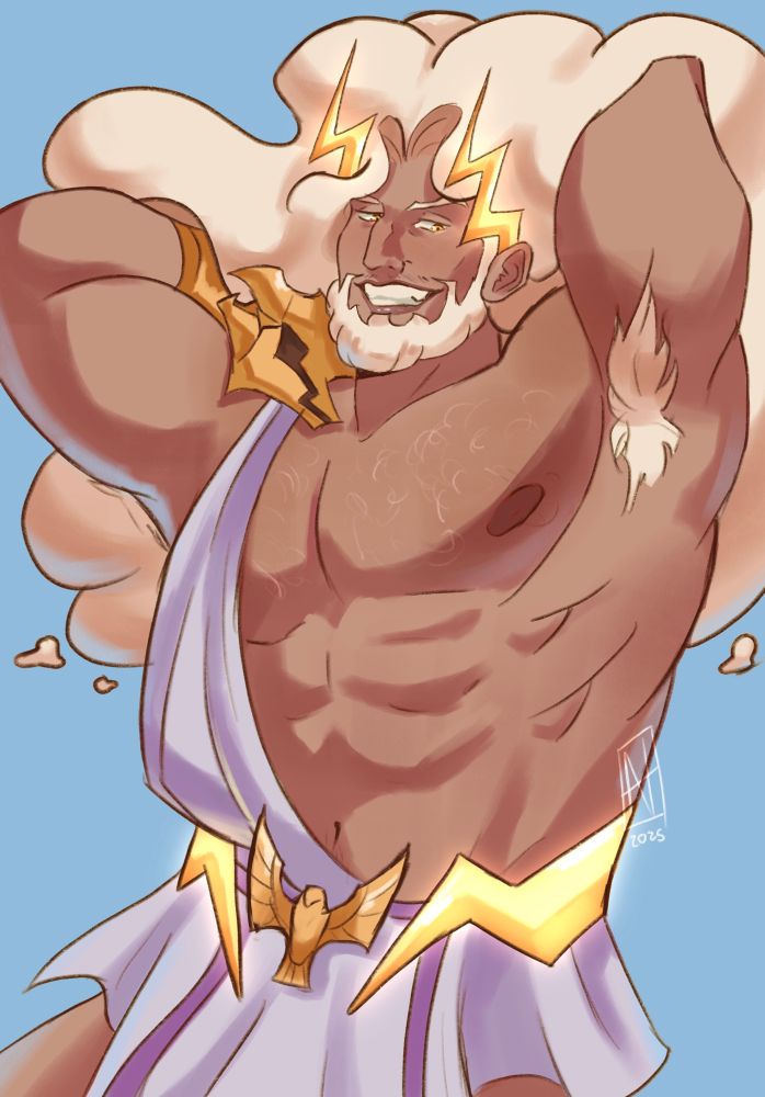 A depiction of Zeus from Greek Mythology posing with his hands behind his neck, playing with his cloud-looking hair.