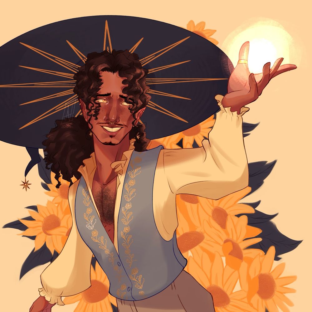 a character inspired by the summer solstice. He’s a black man with long hair, wearing a blue witch hat with a sun attached to the tip of the hat and another weaved into the underside of it. He’s wearing a blue vest with golden flower etchings, a white baggy shirt and beige pants. Behind him are a bunch of sunflowers.