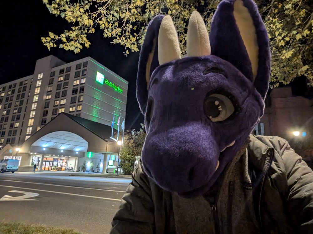 Adelair, a purple dragon fursuiter, poses outside of the Holiday Inn Portland-By The Bay