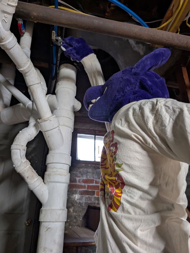 Adelair, a purple dragon fursuiter, puts a wrench up to a valve on a water pipe