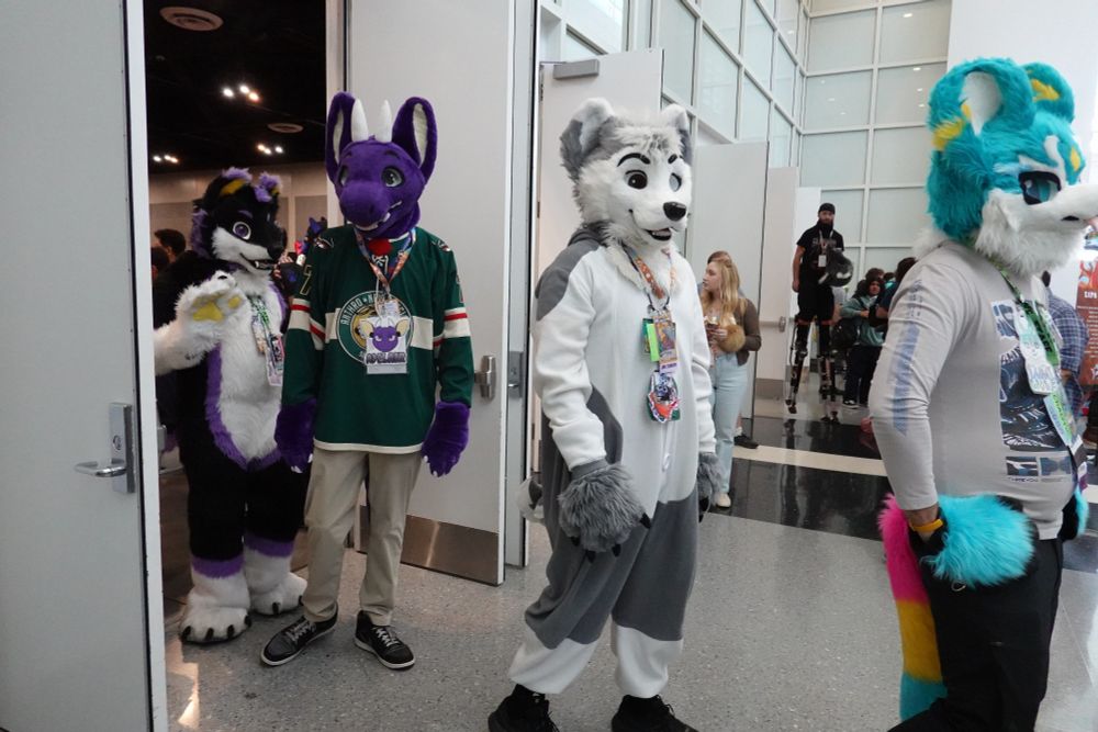 A picture of a fursuit parade. Four fursuiters are visible - Blazionite, Adelair, Ryka, and Lumi Wolf.