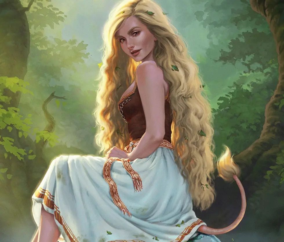 The Huldra by Wictoria Nordgaard, a drawing of a young woman with long blonde hair and a cow’s tail sitting on a boulder in the forest. 