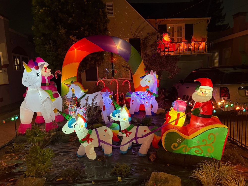 Inflatable unicorn and Santa Christmas decorations.