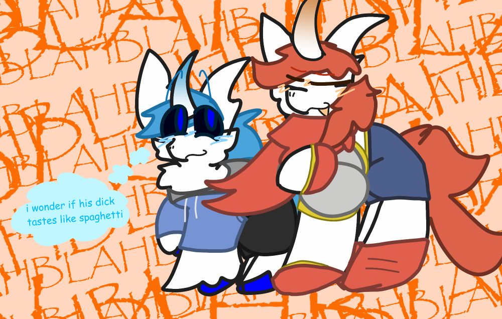 Sans and Papyrus as unicorn ponies!! Papyrus is talking a lot about who knows what (indicated by the thousands of 'BLAH's in the background) and seems pretty confident in what he's saying. Sans is not at all paying attention and is looking up at his younger brother with one thought: "i wonder if his dick tastes like spaghetti"

(That's a normal thought for him, by the way.)